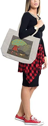 Geanta de cumpărături pentru fete din umbrela din Amentanne, interpretarea unei doamne care se plimbă cu un câine sub vreme ploioasă, geantă reutilizabilă ecologică pentru plaja alimentelor și multe altele, 15,5 x 14,5, cremă