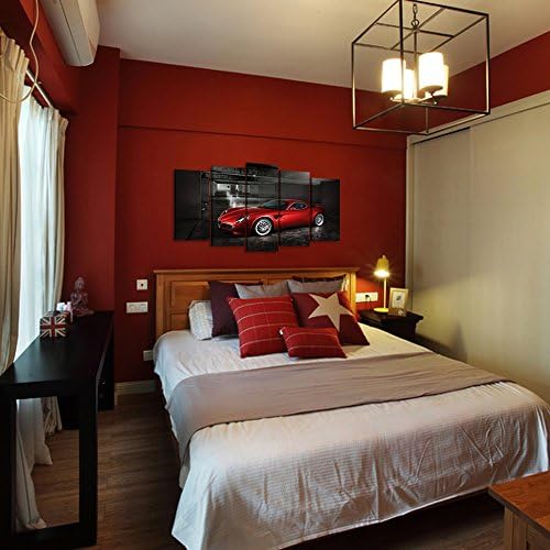 Arte Kreative - 5 panouri Mașină Sport Roșie în Afișe alb -negru Canvas încadrate Artă de perete Mașini de curse Imagini tipărite pe pânză pictură Lucrări de artă pentru living dormitorul dormitor