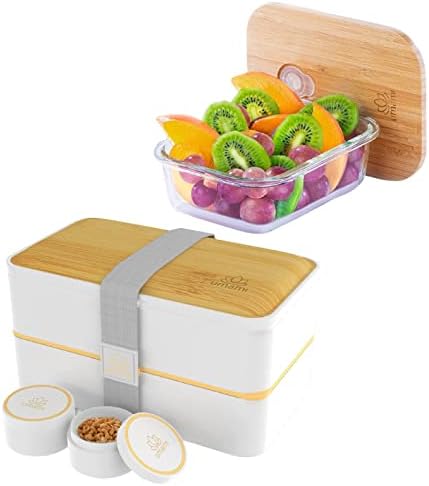 Umami Premium 40 oz Bento Lunch Box cu set de containere de depozitare a alimentelor din sticlă de 22 oz, rezistent la scurgeri,