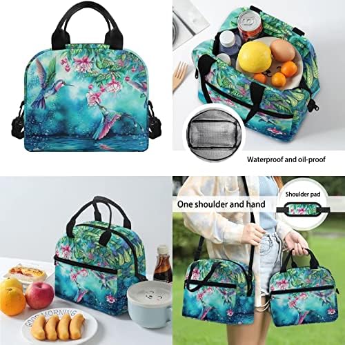 Gongbawa Hummingbird Thermal Lunch Bag Large Lunch Box pentru femei Tote Food Bag cu Buzunar frontal Geantă de umăr pentru
