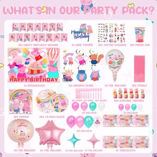 204pcs Pink Pig Birthday Party Supplies decoratiuni de petrecere includ Banner, Baloane Latex, Toppers tort, fata de masa,
