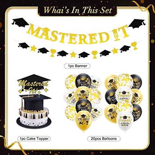 Mastered it Graduation Decorations Class of 2023, Graduation Cap Decorations Banner Black Glitter, Mastered It Cake Topper,