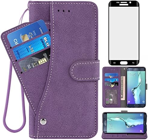 Asuwish compatibil cu Samsung Galaxy S6 Edge portofel caz și sticlă călită Ecran Protector Flip Card titularul Stand încheietura
