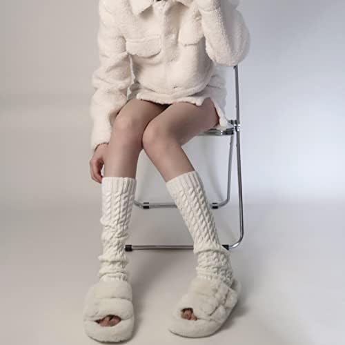 Quupy 1 pereche femei încălzitoare pentru picioare albe de iarnă cu genunchi de iarnă tricotat șosete lungi croșetat tricotat cu picioare înalte pentru cizme de stocare cu picioare înalte