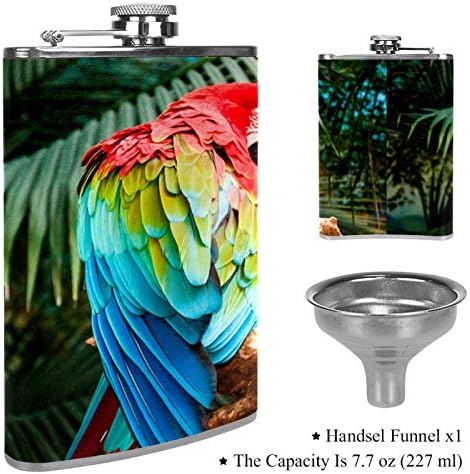 Hip Flask pentru lichior din oțel inoxidabil Leakproof cu pâlnie 7.7 oz capac din piele mare cadou idee Flask-Macaw colorat