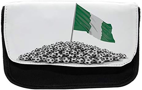 Carcasă de creion nigerian lunarabil, mingi de fotbal și steaguri, pungă de creion cu stilou din țesături cu fermoar dublu, 8,5 x 5,5, jaf verde cărbune gri alb alb