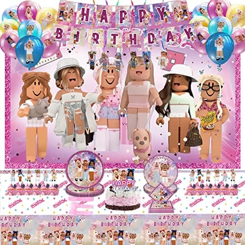 Robot Blocks Birthday Party Supplies, includ fundal, banner de naștere, balon de latex, topper pentru tort și cupcake, capac de masă, farfurii, furci, linguri, șervețele, vârtejuri agățate, pentru ziua de naștere a fetelor