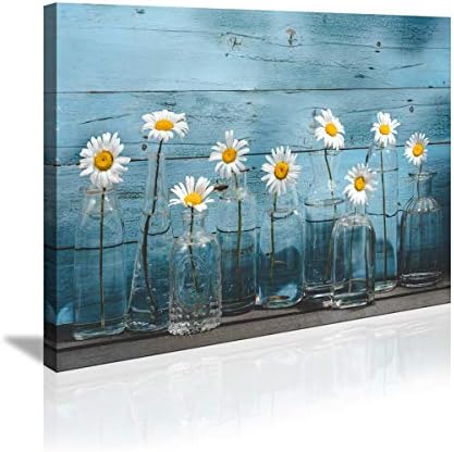 1 panou vintage flori de flori artă de perete pentru birou decorare baie modernă florală pânză de artă margaretă vază flori poză gicula imprimeu pe pânză albastru din lemn arta gata de atârnare