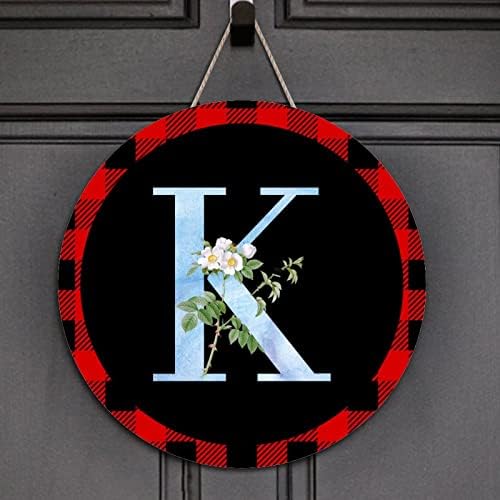 Bun venit semn monogramă scrisoare k rotundă bivol cu ​​carouri din lemn cu apă acuarelă scrisoare albastră de flori de flori