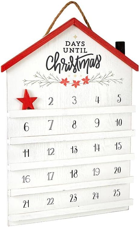 Creative Brands Advent Calendar agățat lemn Crăciun Countdown by the Heartfelt Collection, 16 x 23-Inch, alb / roșu