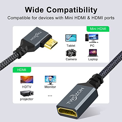 TwoZoh 90 ° grad unghi stâng Mini HDMI Masculin la HDMI Cablu feminin 0,6ft, Mini HDMI unghiulg până la HDMI Adaptor Cablu
