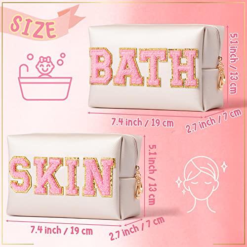 Y1tvei 2pcs preppy patch piele de piele varsity scrisoare de toaletă cosmetică geantă roz scrisoare roz machiaj pungă cu fermoar