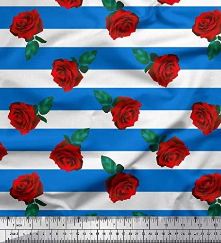 Soimoi Albastru Bumbac Jersey tesatura Stripe ,frunze & amp; Rose florale imprimate ambarcațiuni Tesatura de curte 58 Inch