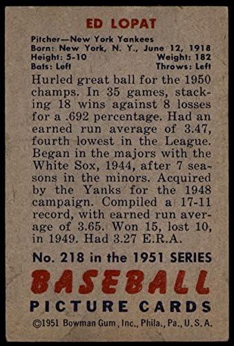 1951 Bowman 218 Eddie Lopat New York Yankees Ex Yankees