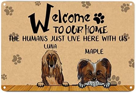 Alioyoit amuzant metal câine semn Placă câini personalizați Bun venit la casa noastră, oamenii de aici cu noi retro pentru