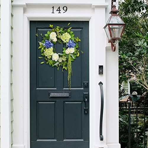 Coroane de vară de 23 inch pentru ușa din față, Soomeir albastru și verde Hortensie de primăvară coroane de ușă în exterior, coroană florală și sezonieră, decorațiuni de decor artificial pentru exterior, interior, casă, fermă