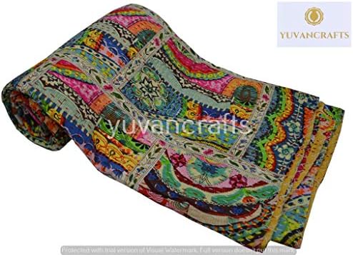 Yuvancrafts Patchwork Cotton Kantha Quilt - Indian tradițional tradițional handmade pat pătură de matlasare multi -color, multi