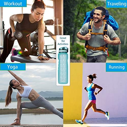 Sticlă de apă de 32oz cu marcaj de timp și capac de paie - Motivațional Sports Water Tracker Sticlă BPA Free & Scurgerea pentru