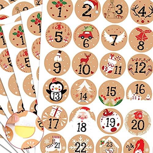 HOWAF 192pcs Crăciun Advent autocolante 1-24 Crăciun Numărul autocolante rotund Kraft Crăciun Countdown autocolante DIY Advent