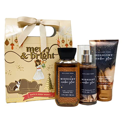 Baie și corp Midnight Amber Glow Merry & amp; Bright Mini Set cadou geantă - cremă de corp - ceață de parfum și Gel de duș aranjate în interiorul unei pungi mici de cadouri Festive