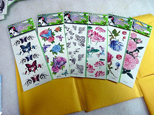 6 foi/pachet vânzare la cald autocolante temporare de tatuaje diverse modele, inclusiv bujor negru/flori negre și fluturi/trandafiri