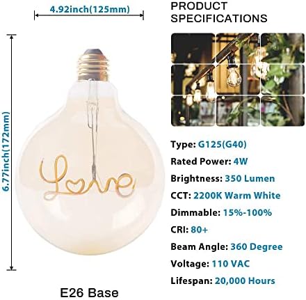 Noi Lumini Decorative bec E26 LED FILAMENT bec, G125 Vintage Globe Edison bec scrisoare bec, Dimmable, 4W, 2200K cald alb,