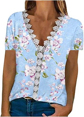 Femei moda primavara vara imprimate mâneci scurte dantelă asieta bluza V-Neck Bluza Casual Topuri