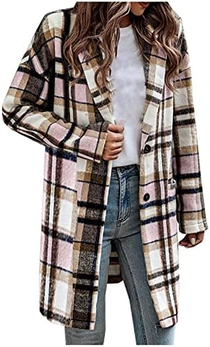 Jachete cu caune tartane pentru femei, haina lungă, casual, plus dimensiune, amestec de lână, buton de șanț, buton de rever