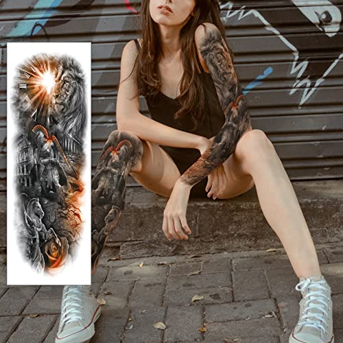 Tatuaj temporar, Pegasus Lion Flower Modelned Sexy Sexy 3D Fake Tatuaj Fake Stickers Extra mare, impermeabil Tatuaj, braț complet