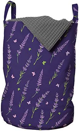 Ambesonne sac de rufe violet închis, lavandă și fluturi modele de primăvară florale și Înflorire, coș de coș cu mânere Cordon