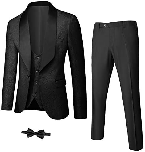 YND bărbați 3 piese Slim Fit Tuxedo Set, un buton șal guler Jacquard jacheta vesta pantaloni cu papion