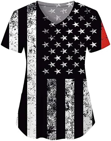 4 iulie Tricouri pentru femei American Flag vara maneca scurta V Neck T-Shirt cu 2 buzunare Bluze vacanță Casual Workwear