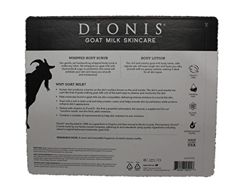 Dionis baie de lapte de capră & Set de corp, 3 set de piese, include 1 oz. Loțiune de corp / 2 fl oz. Scrub de corp biciuit