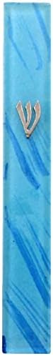 Colectarea tendințelor Judaica Mezuzah Case Blue Aqua Glass Splash Model Silver Shin 12 cm