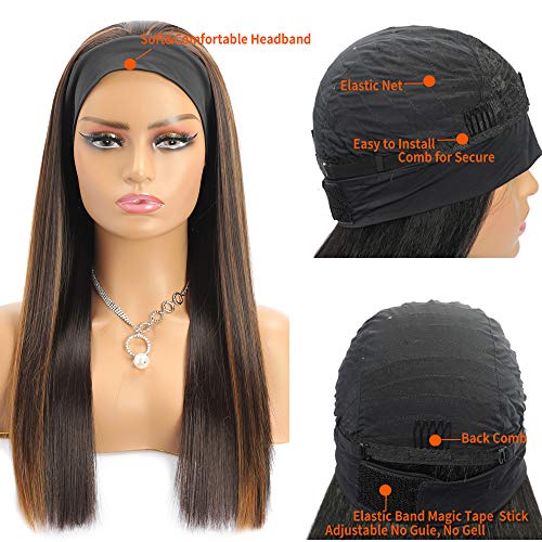 Kevvty peruca cu bandă evidențiază peruci cu bandă sintetică dreaptă pentru Femei negre amestec maro blond peruci cu bandă