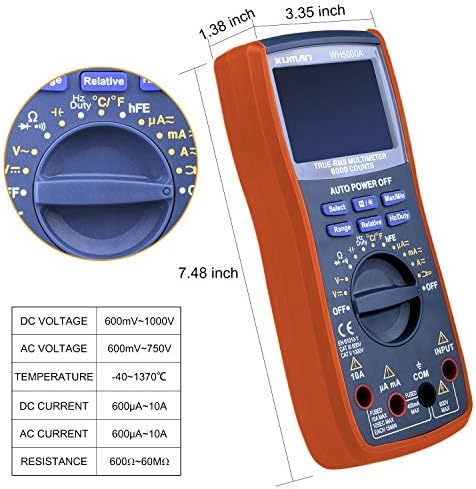 Kuman Digital multimetru, 6000 număr de tensiune de tensiune auto-variază cu tensiune AC/DC, tensiune de măsurare, curent de