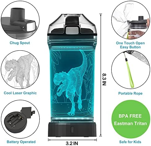 Lightzz copii Sticla de apa cu 3d stralucitoare rechin + dinozaur LED lumina-14 OZ Tritan BPA gratuit - Creative ideal Travel