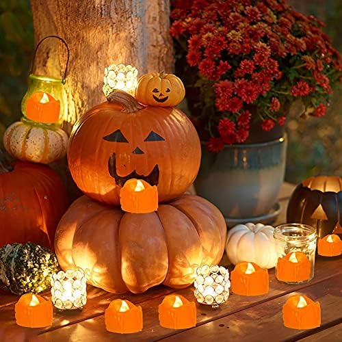 Halloween 24 Pachet Lumini de ceai portocaliu, lumânări mici care picură, lumini LED cu baterie, Mini lumini de dovleci cu