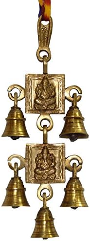 Devyom artizanat manual Shubh Labh Ganesha/Ganesha Wall Hanging Bell Brass Metal Door Decoration, Shri Ganesh și Laxmi Ji -5bells,