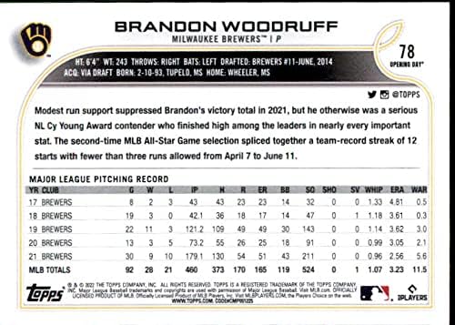 2022 Topps Opening Day 78 Brandon Woodruff NM-MT Brewers