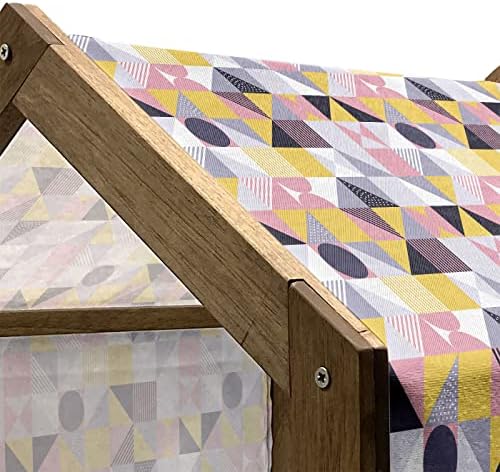 Casă de animale de companie din lemn geometric lunarabil, grafică modernă a triunghiurilor colorate pastelate pătrate și runde