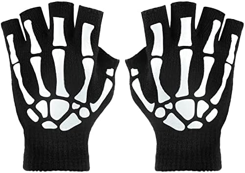 Tatuo 3 perechi mănuși de schelet mănuși de oase fără degete strălucesc în întuneric mecanic tricotat mănuși calde de iarnă