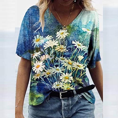 Vara T Shirt pentru Femei Moda Tie Dye florale imprimate Bluze V gât maneca scurta Tees Vrac se potrivi Casual Topuri