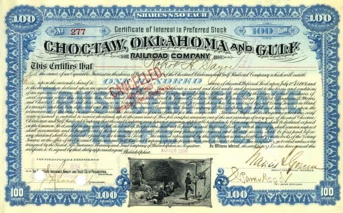 Choctaw, Oklahoma și Gulf Railroad Co. - Certificat De Stoc Feroviar