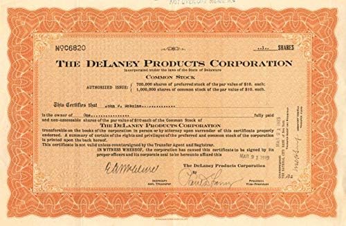 Delaney Products Corporation-Certificat De Stoc