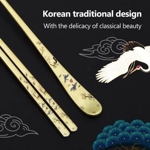 Balwoo Crane pictura design coreean masă lipicios orez lingura si betisoarele 304 din oțel inoxidabil aur placat cu Titan Mukbang