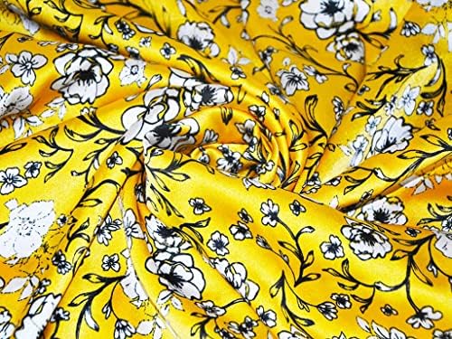 Design Cart galben flori albe imprimate Satin tesatura pentru Arte & amp; Meșteșuguri, DIY, cusut, și alte proiecte, Latime