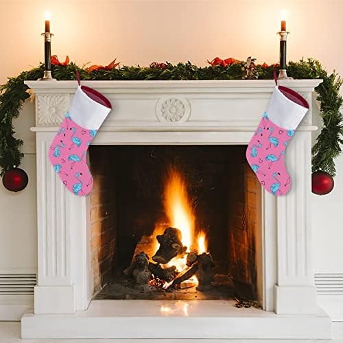 Blue Flamingo Christmas Stocking Socks cu șemineu de pluș atârnat pentru copac de Crăciun decor de casă