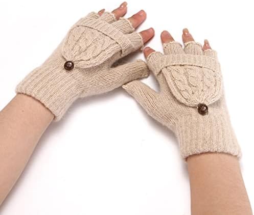 Qvkarw moda de iarnă modă de culoare solidă tricotat buton flip drăguț dublu folosește mănuși calde cu jumătate de deget Mănuși