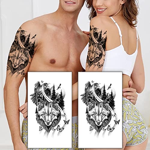 2 foi impermeabile pe jumătate de lungă durată Tatuaje temporare, fluture realist Mushroom Eagle Wolf Bear Forest Luna Tatuaj